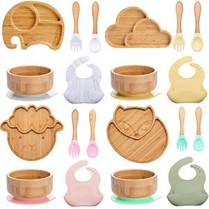 4Pcs Baby Feeding Bamboo Bowl Silicone Suction Cup Non-slip Waterproof Fork Spoon Baby Feeding Tableware Infant Tableware Set