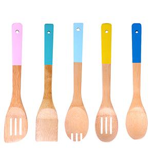 5pcs kitchen cook bamboo spatula with colored handle wholesale