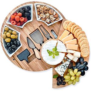 Round Bamboo Cheese Board and Knife Set, Rotating Wood Charcuterie Platter Board