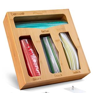 Bamboo Sandwich Bag Organizer 4 Piece Compatible Ziplock Bag Storage Organizer Boxs for Kitchen Drawer with Pen