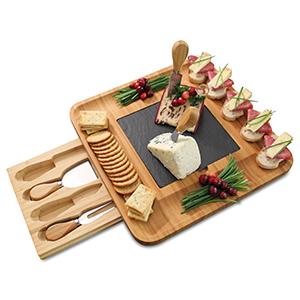 Premium Bamboo Wood Cheese Board & Charcuterie Board with Slate Cheese Plate and 4-Piece Cheese Knife Set