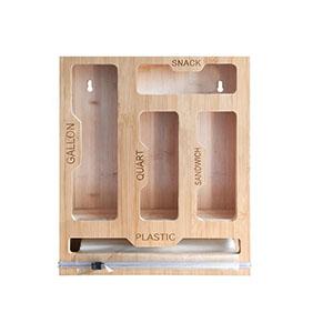 Bamboo Ziplock Bag Storage Organizer Plastic Wrap Dispenser Wood Box with Cutter for Kitchen