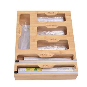 Bamboo and wood cling film storage box with foil cutter kitchen storage box Pattern customization