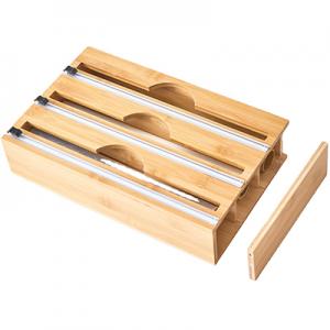 Bamboo plastic wrap and aluminum foil dispenser with cutter kitchen storage box