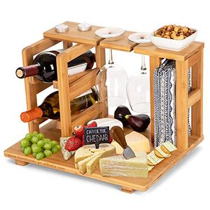 Bamboo wooden Wine Rack and Cheese Display Board with Wine Caddy, Wine Bottle and Glass Holder