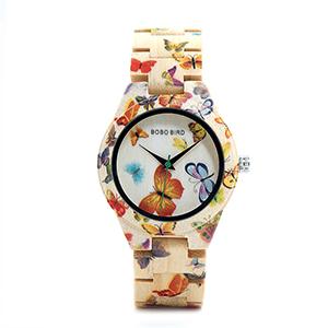 Custom Private Label Women Bamboo Wood Watch Butterfly Wristwatches