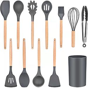 Hot Selling OEM Products 100% Food-Grade Eco-Friendly Kitchen Silicone Cooking Utensils Set Korea Cookware with Wooden Handle