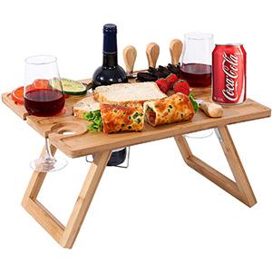 Outdoor Wine Picnic Wooden Table Folding Portable Bamboo Wine Glasses Snack and Cheese Holder Tray for Concerts at Park Beach