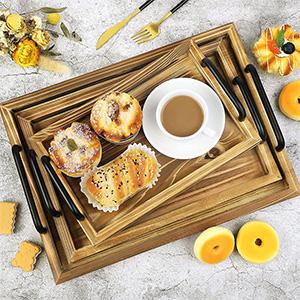 Set of 3 Rustic Wooden Serving Trays with Handle wooden Rectangular Food Serving Trays Nesting for Kitchen Party Dinner