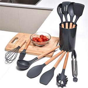 Wholesale Amazon Silicone Kitchenware Supplies with Wooden Handle Silicone Kitchenware Set 11 Piece Set