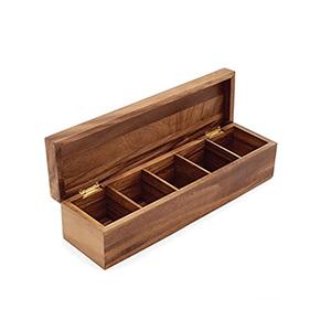 Vintage natural 5 compartments brown acacia wood organizer tea storage box