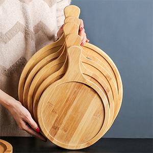 WanuoCraft Eco-friendly Bamboo Round Pizza Cutting Board Baking Tray Sushi Holder With Hand Wood Steak Plate Slate