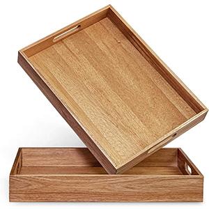 Wholesale Acacia Wood Food Serving Trays with Handle Fruit Steak Platter for Breakfast in Bed Rustic Wooden Tray