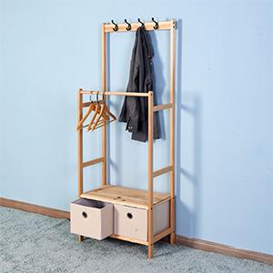 Wholesale Bedroom Wooden Stand cloth Rack with 2 Clothing Baskets and 4 Hooks for hallway storage