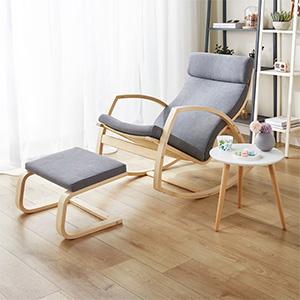 Leisure Single Seater Beige Fabric Rocking Chair Living Room Modern Wooden Cushion Rocking Chair