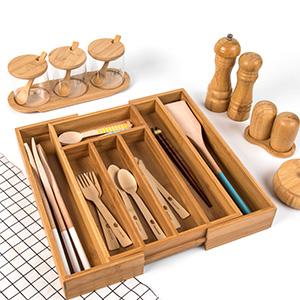 Eco-friendly custom adjustable wooden bamboo cutlery utensils drawer organizer expandable tray