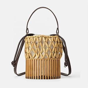 Metro city beige women female bamboo barrel bead bucket shape tote beach basket bag