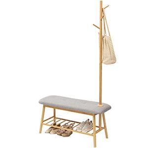 Nordic entryway shoe stool floor solid wood bamboo clothes tree hanger coat rack with shoe storage