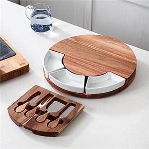 New arrival creative restaurant kitchen bamboo cheese board pizza cutting wood plate with cheese knives